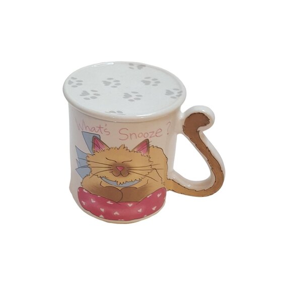 Vintage Cat Coffee Mug With Lid Ceramic Cup Tail Handle Made In Japan - Picture 2 of 8